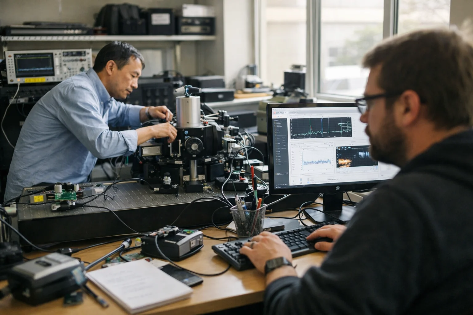 Healthcare AI workstation with clinical sensors and diagnostic review screens.